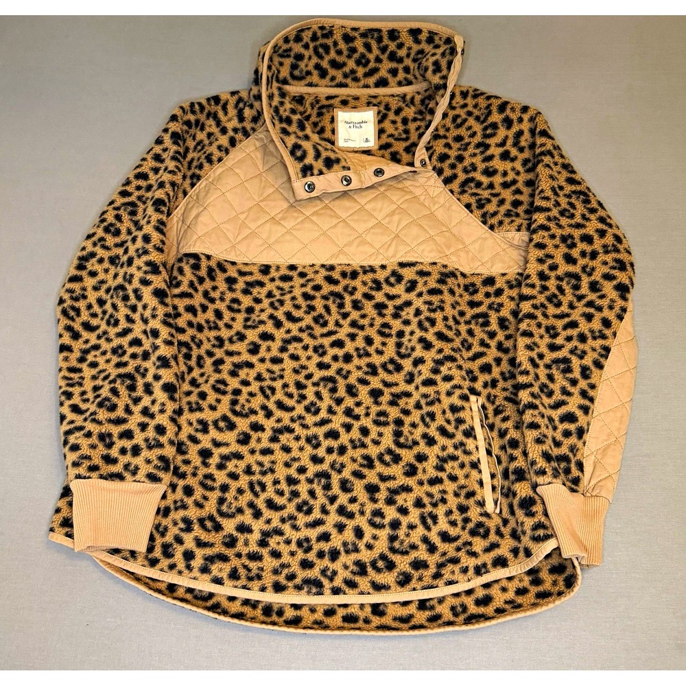 Abercrombie & Fitch Women's XL Beige Leopard Quilted Snap Jacket Pockets Mid